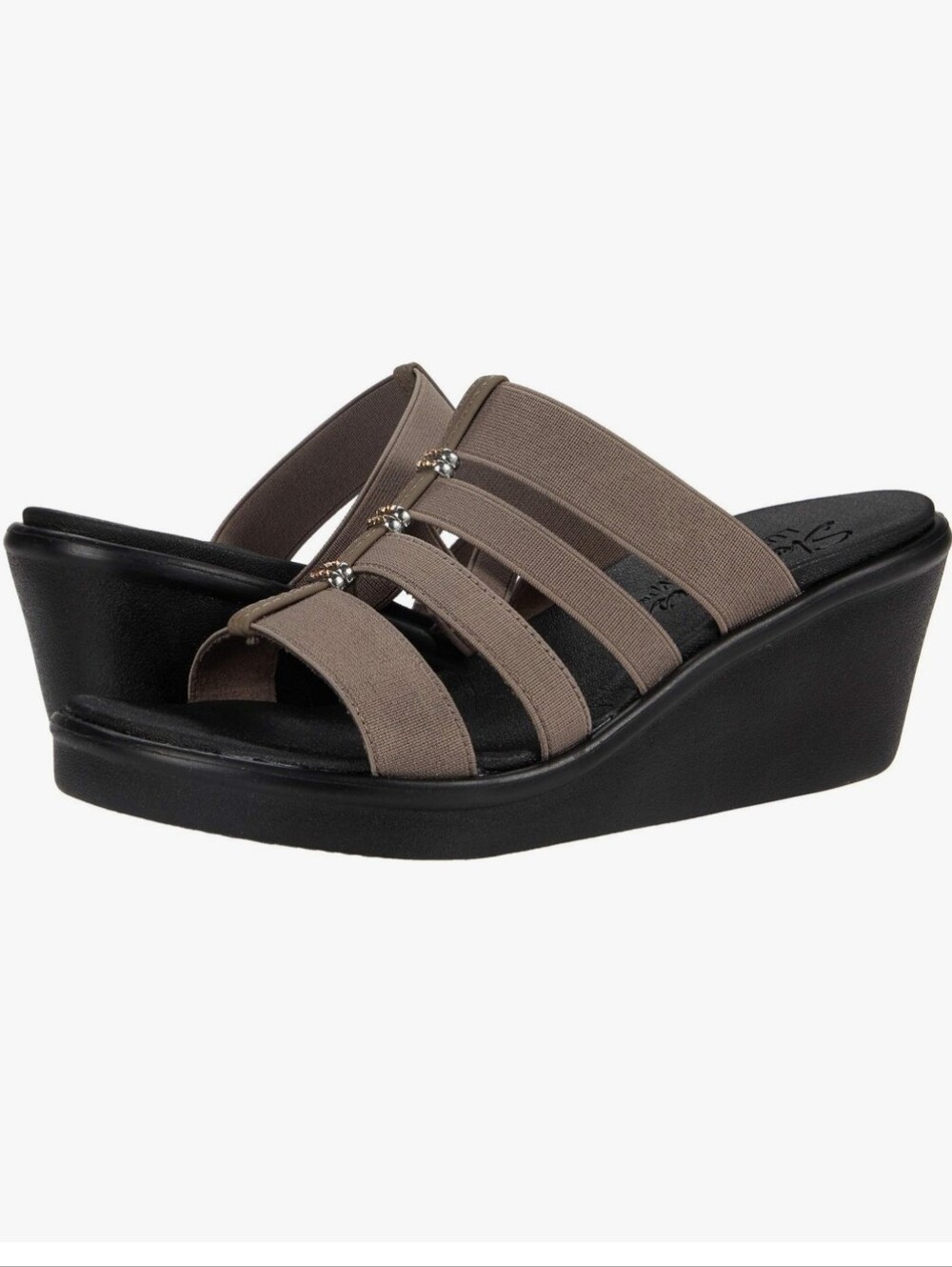 Skechers Rumble On City Fever Dark Taupe Rhinestone Strappy Wedge Slides W 9